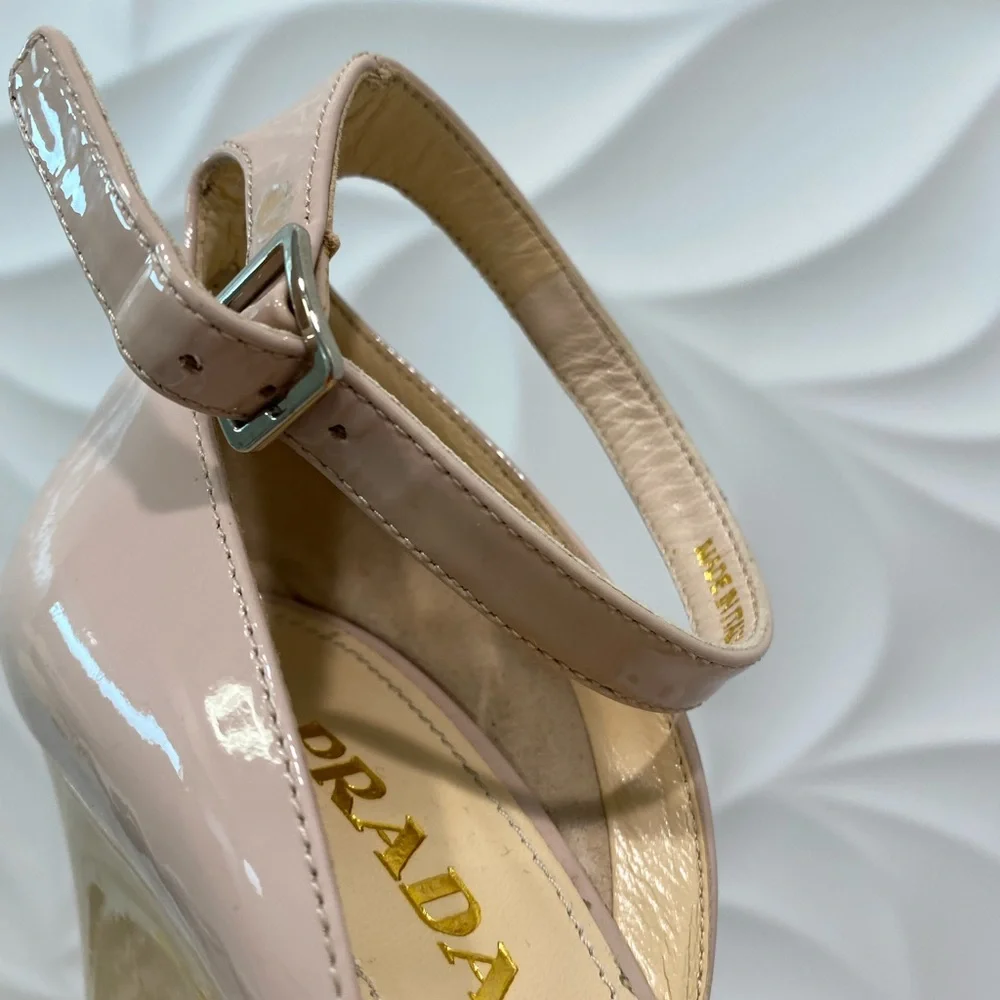 Prada Nude Wedge Patent Leather Sandal 6 AUTHENTIC BRAND NEW - Picture 5 of 6